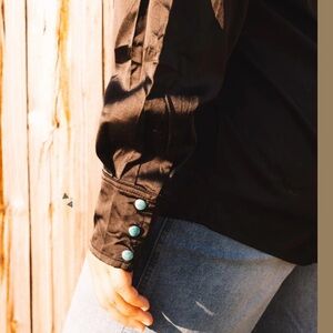 Stylish Sueded Black Blouse with Tirquoise Blue Accent snaps